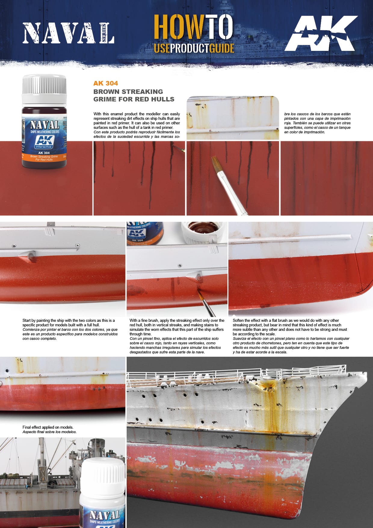 A guide showing application of brown streaking grime paint with a brush to a red model ship hull for weathered effects