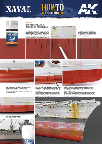 A guide showing application of brown streaking grime paint with a brush to a red model ship hull for weathered effects