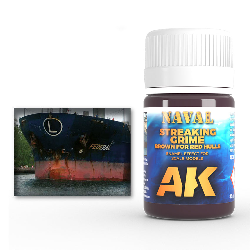 AK Naval Streaking Grime paint (brown for red hulls) with a photo of a heavily weathered ship's bow