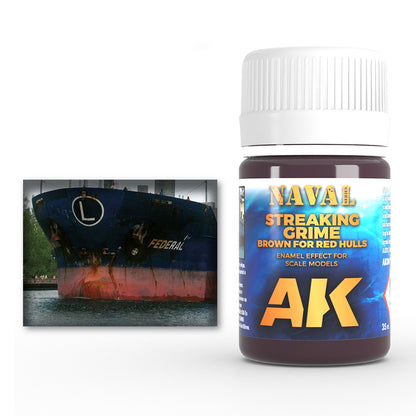 AK Naval Streaking Grime paint (brown for red hulls) with a photo of a heavily weathered ship's bow