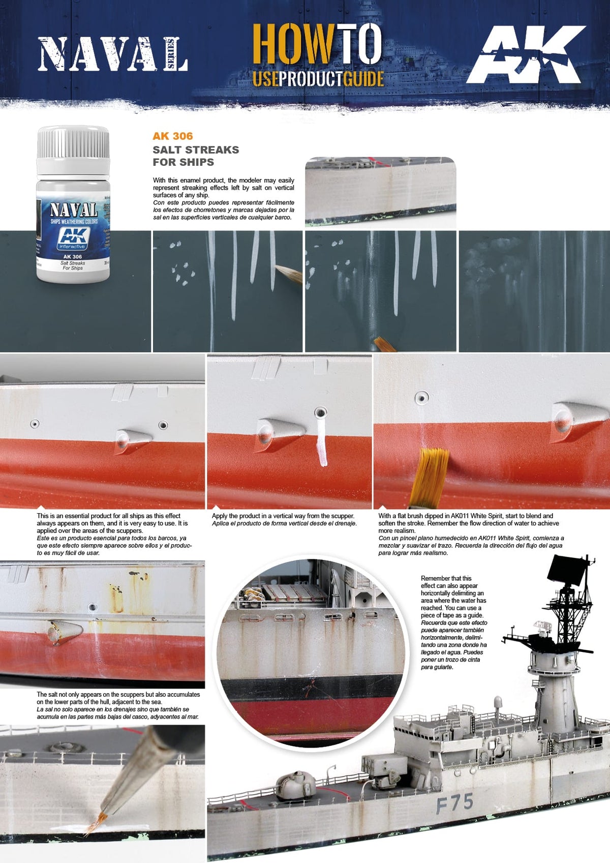 AK Interactive AK 306 Salt Streaks for Ships enamel effect weathering Colour 35ml bottle next to model ship details demonstrating realistic salt streak application with a brush for ship modeling enhancing scale model authenticity