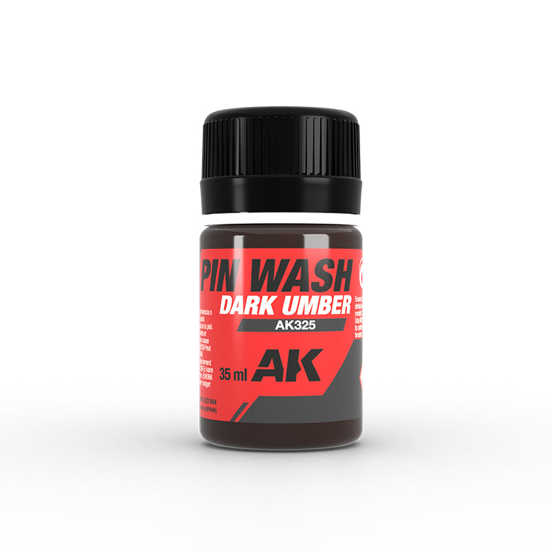 A 35ml dark brown bottle of AK Interactive Pin Wash 'Dark Umber' model weathering liquid with a black cap
