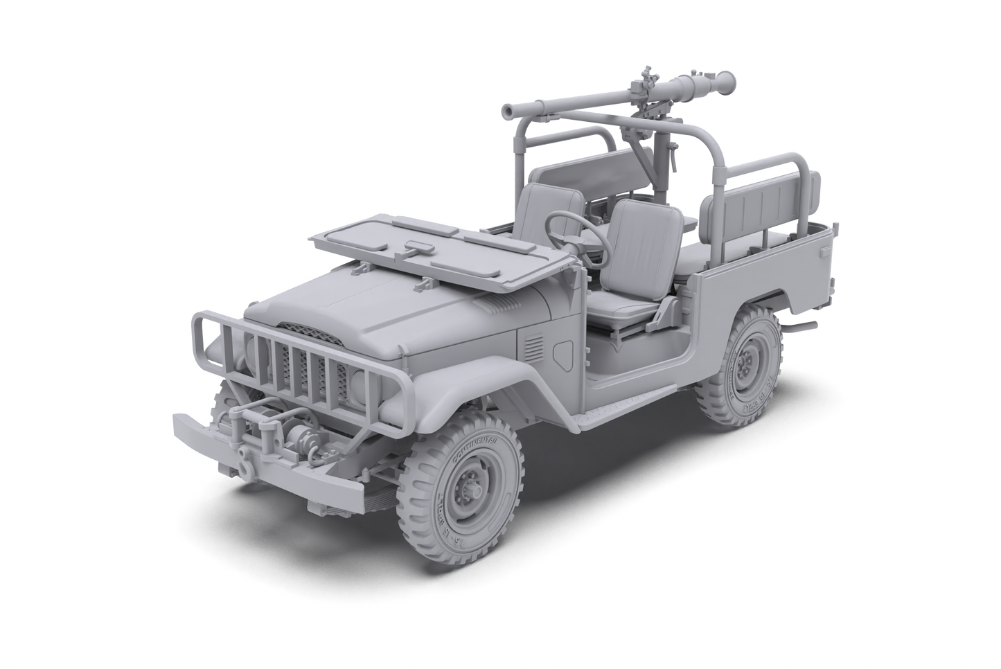 Detailed grey 3D model of a military-style open-top jeep with a large recoilless rifle mounted on its rear frame and a front winch