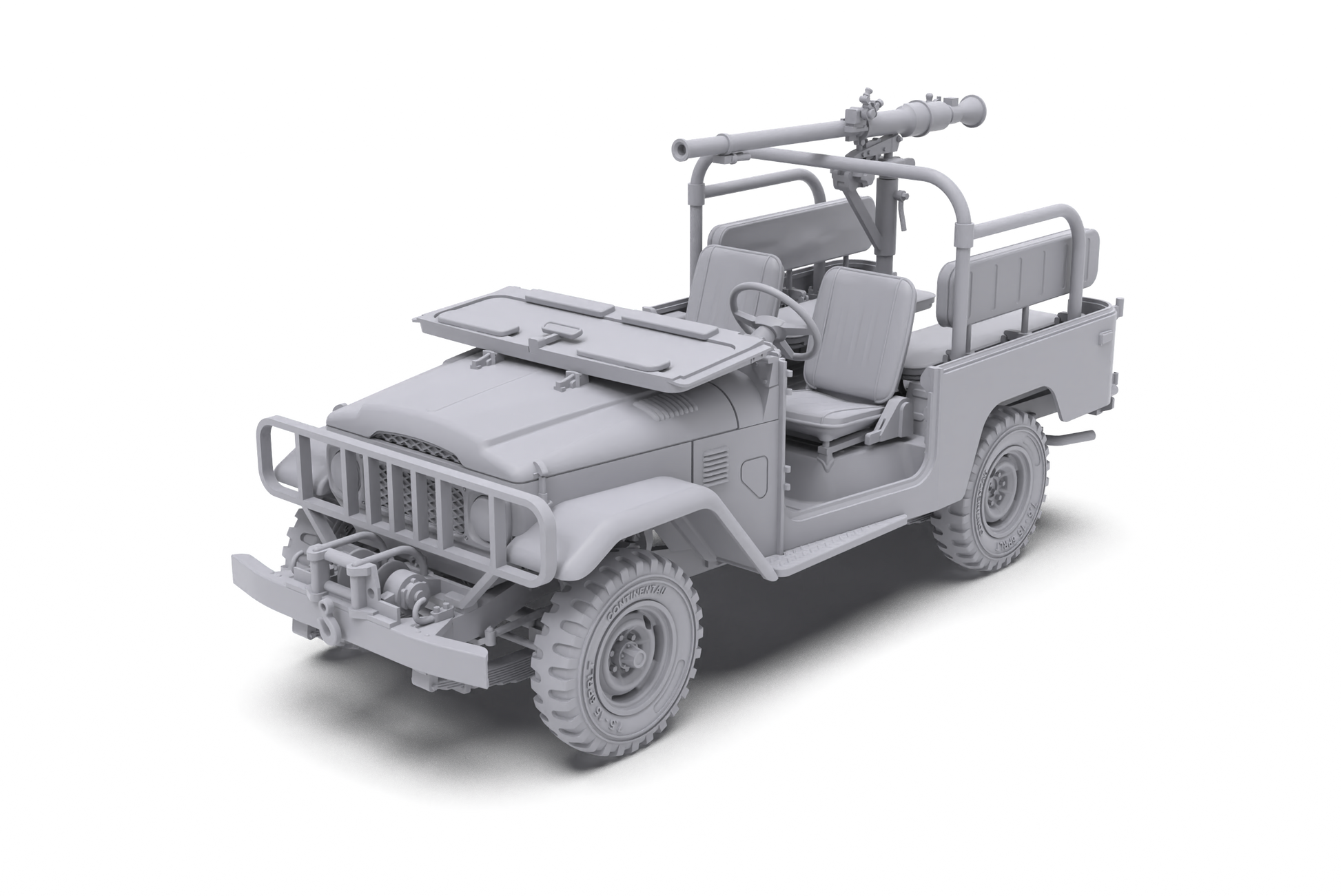 Detailed grey 3D model of a military-style open-top jeep with a large recoilless rifle mounted on its rear frame and a front winch