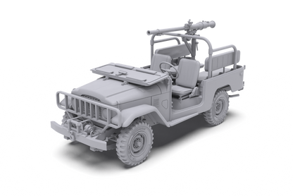 Detailed grey 3D model of a military-style open-top jeep with a large recoilless rifle mounted on its rear frame and a front winch