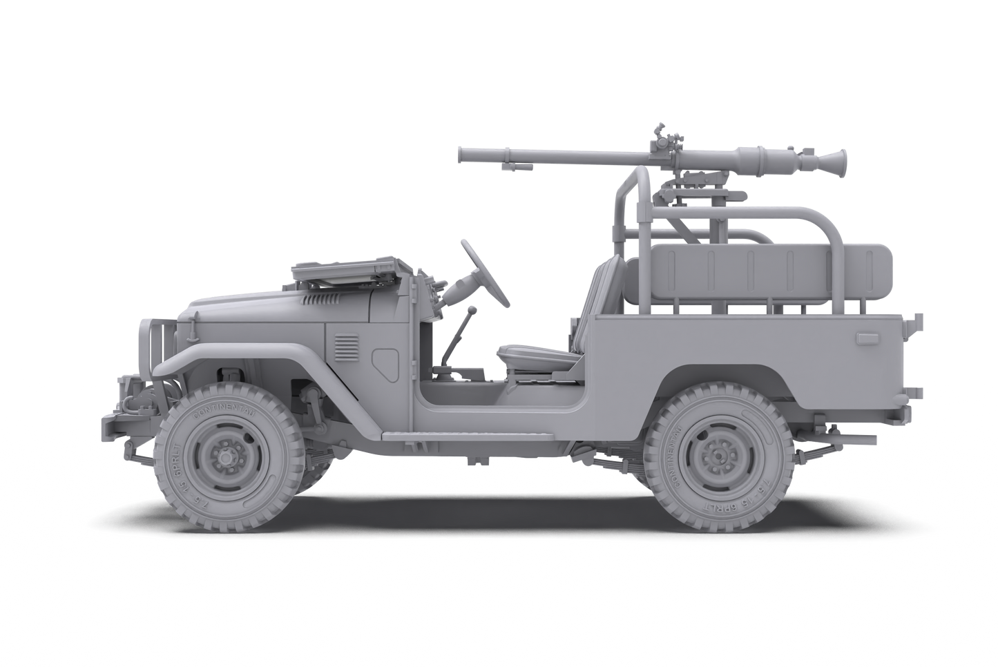 Side view of a gray 3D model of a military jeep with a recoilless rifle mounted on its rear