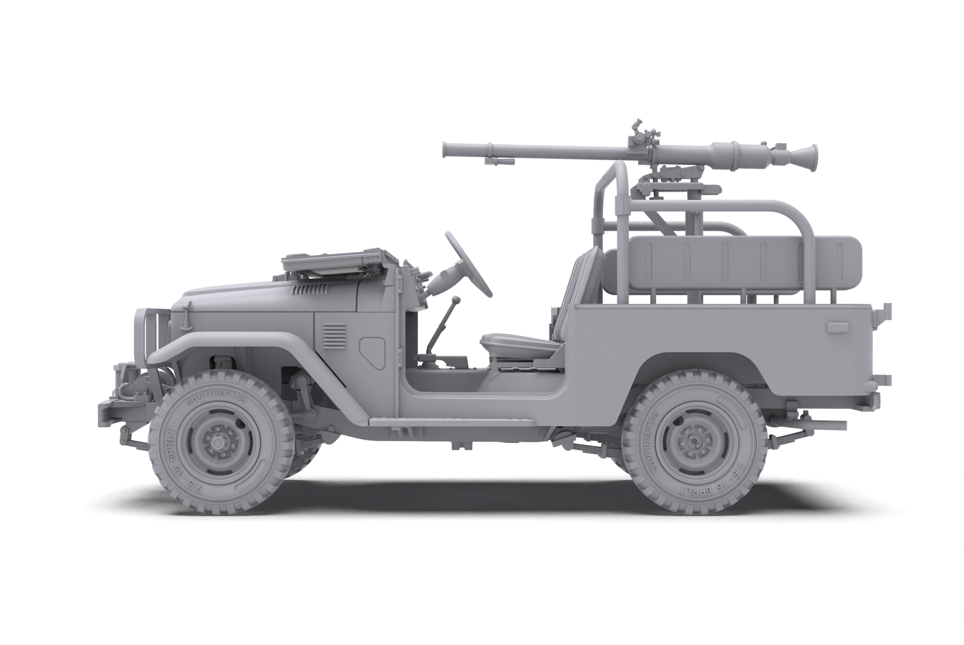 Side view of a gray 3D model of a military jeep with a recoilless rifle mounted on its rear