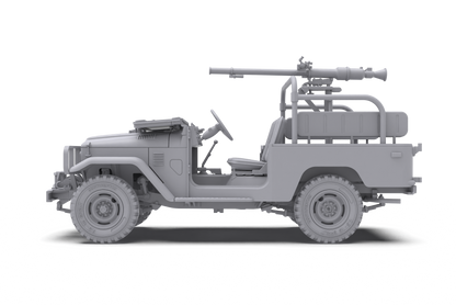 Side view of a gray 3D model of a military jeep with a recoilless rifle mounted on its rear