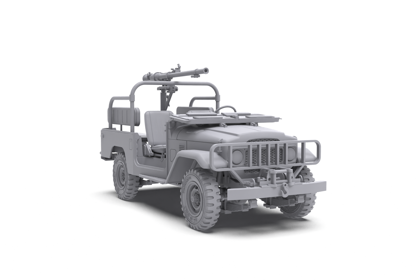 Grey 3D render of an armed off-road jeep -  with a recoil-less rifle mounted on its rear roll cage