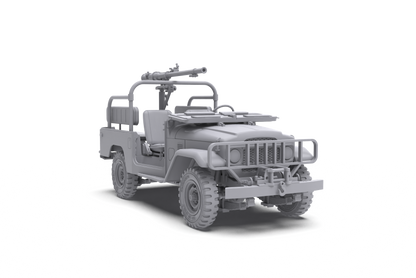 Grey 3D render of an armed off-road jeep -  with a recoil-less rifle mounted on its rear roll cage