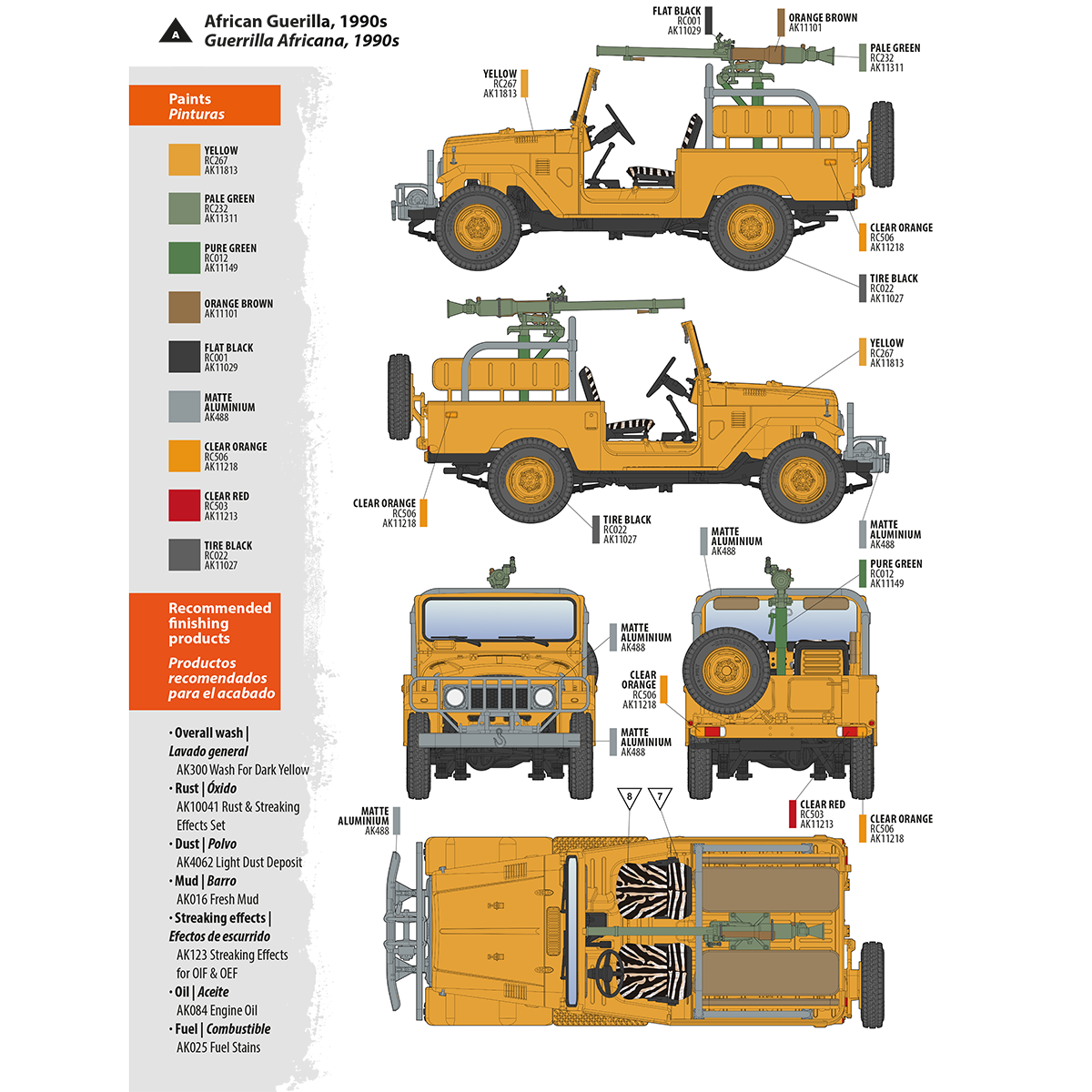 Painting guide for a yellow-orange 1990s African Guerilla utility vehicle with a weapon -  shown from several angles