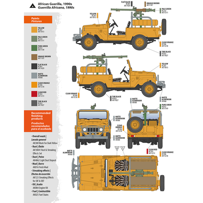 Painting guide for a yellow-orange 1990s African Guerilla utility vehicle with a weapon -  shown from several angles