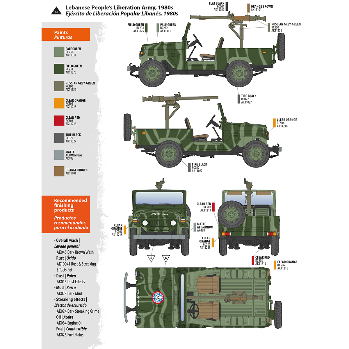 Diagram of a 1980s Lebanese People's Liberation Army camouflage jeep with a missile launcher -  multiple views
