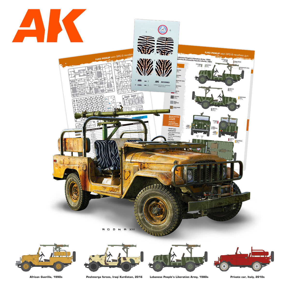 AK model kit: Weathered yellow FJ43 pickup with recoilless gun -  showing instructions -  decals -  and paint schemes
