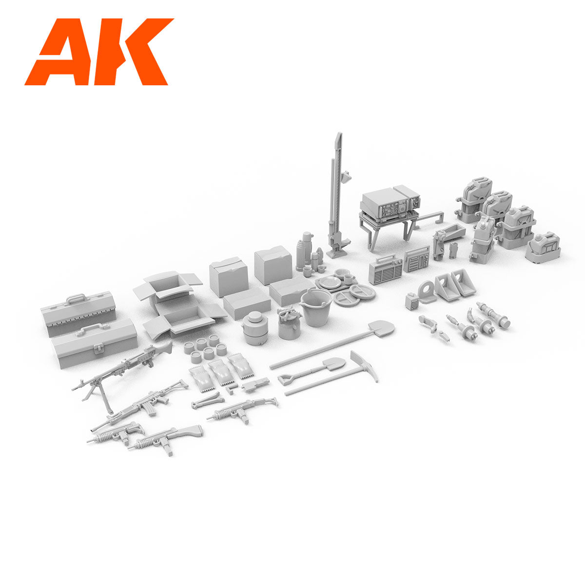 Unpainted gray plastic model kit accessories including weapons -  tools -  and gear -  laid out on a white background