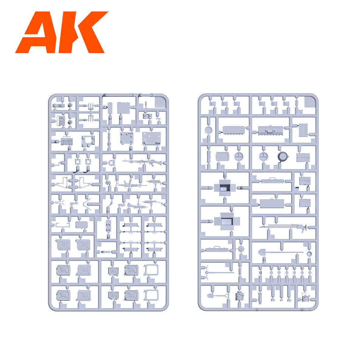 Two grey plastic sprues for a military model kit -  showing various small weapons -  tools -  and accessories