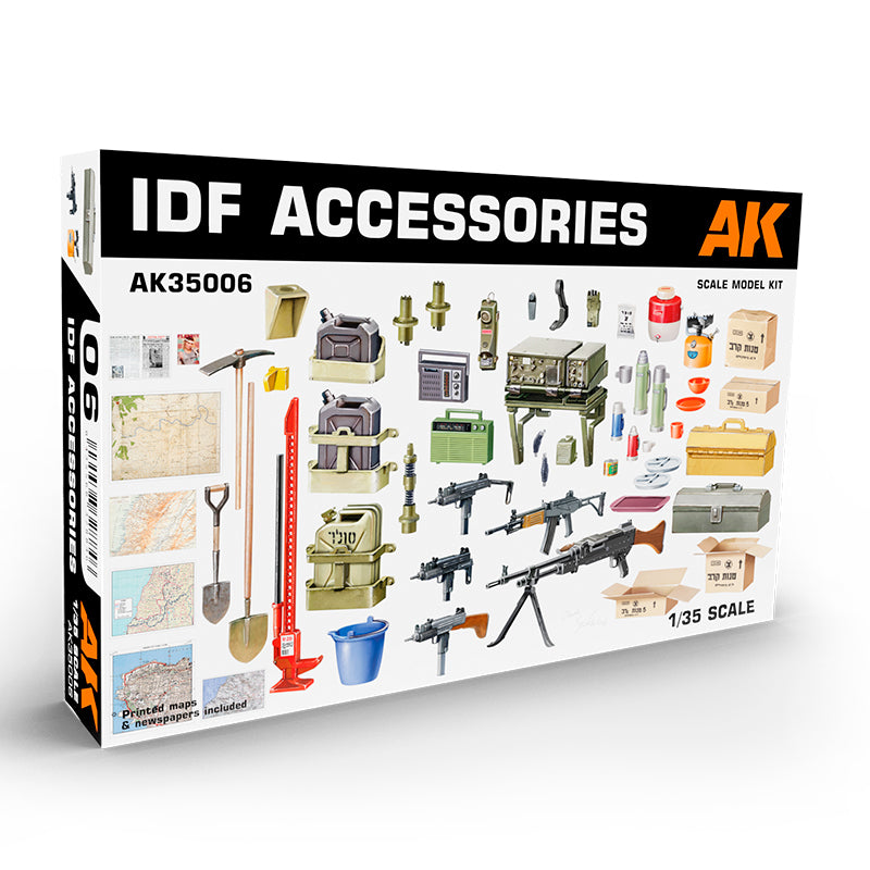 IDF ACCESSORIES 1/35 scale model kit box displaying various military gear miniatures like weapons and tools