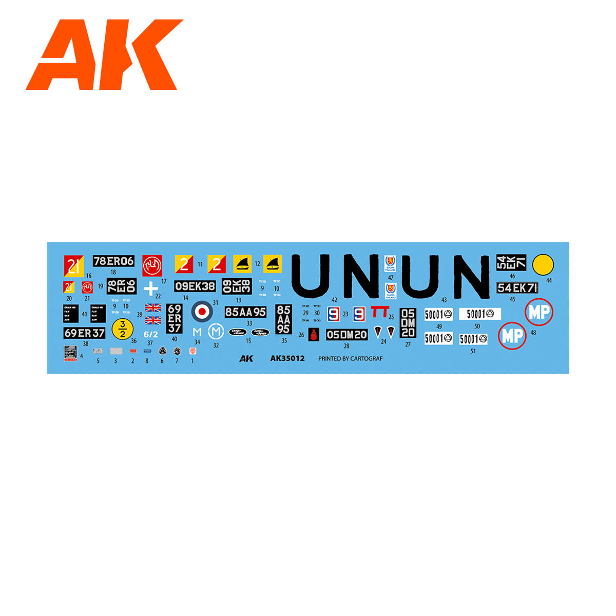 AK model kit decal sheet with diverse numbers -  letters -  & symbols like 'UN' & 'MP' logos