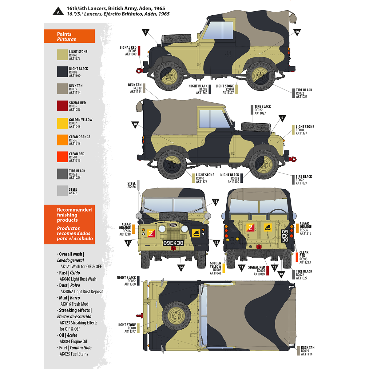 Painting guide for a 1965 British Army Land Rover in tan and black camouflage -  shown from multiple angles