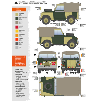 Diagram of a 1965 British Army Land Rover in two-tone camouflage -  showing side -  front -  rear -  and top views with paint codes