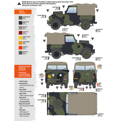 Painting guide for a 1972 British Army Land Rover -  detailing camouflage schemes from multiple angles with paint and product lists