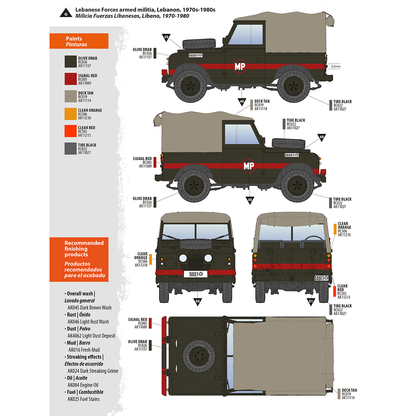 Painting guide for a dark green 1970s-80s Lebanese military Land Rover with tan soft top -  red stripe -  and 'MP' insignia