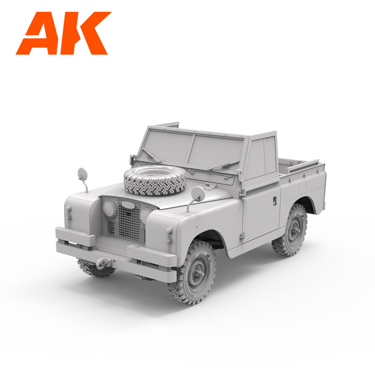 Unpainted grey model kit of a classic Land Rover pickup -  spare tire on hood