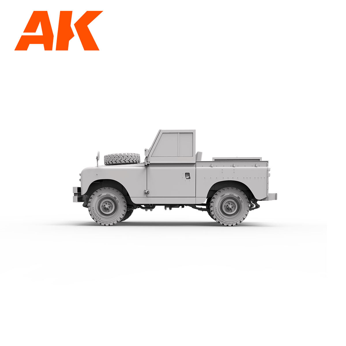 Grey classic Land Rover pickup truck model -  side view -  with spare tire on hood