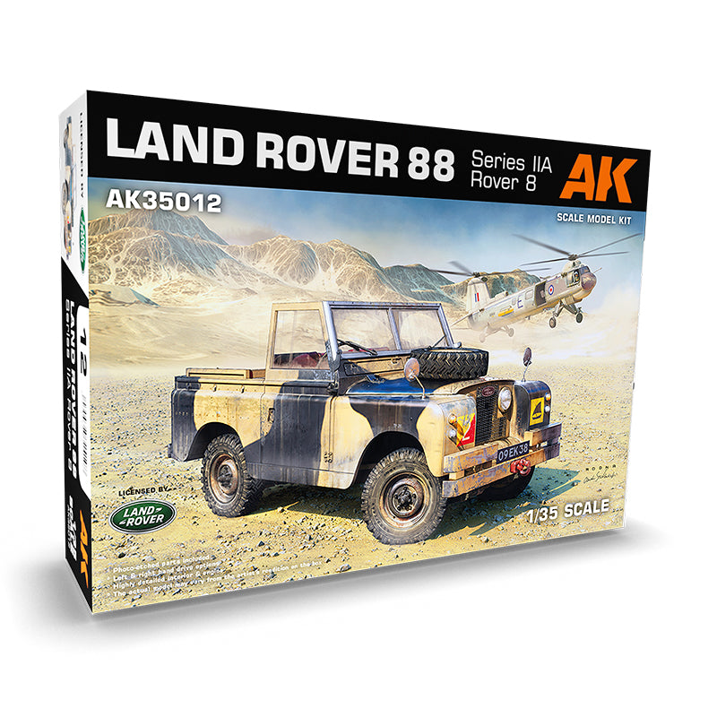 Box for a 1/35 Land Rover 88 Series IIA model kit -  showing a camouflage truck and helicopter in a desert