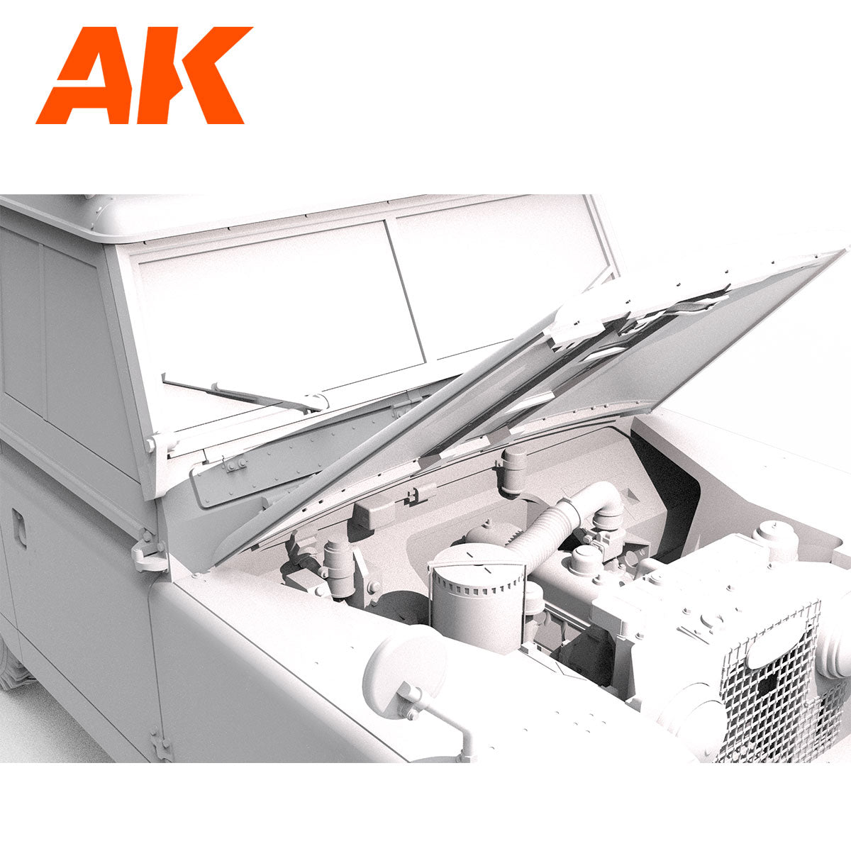 Unpainted Land Rover-style model with open hood revealing engine and folded windshield