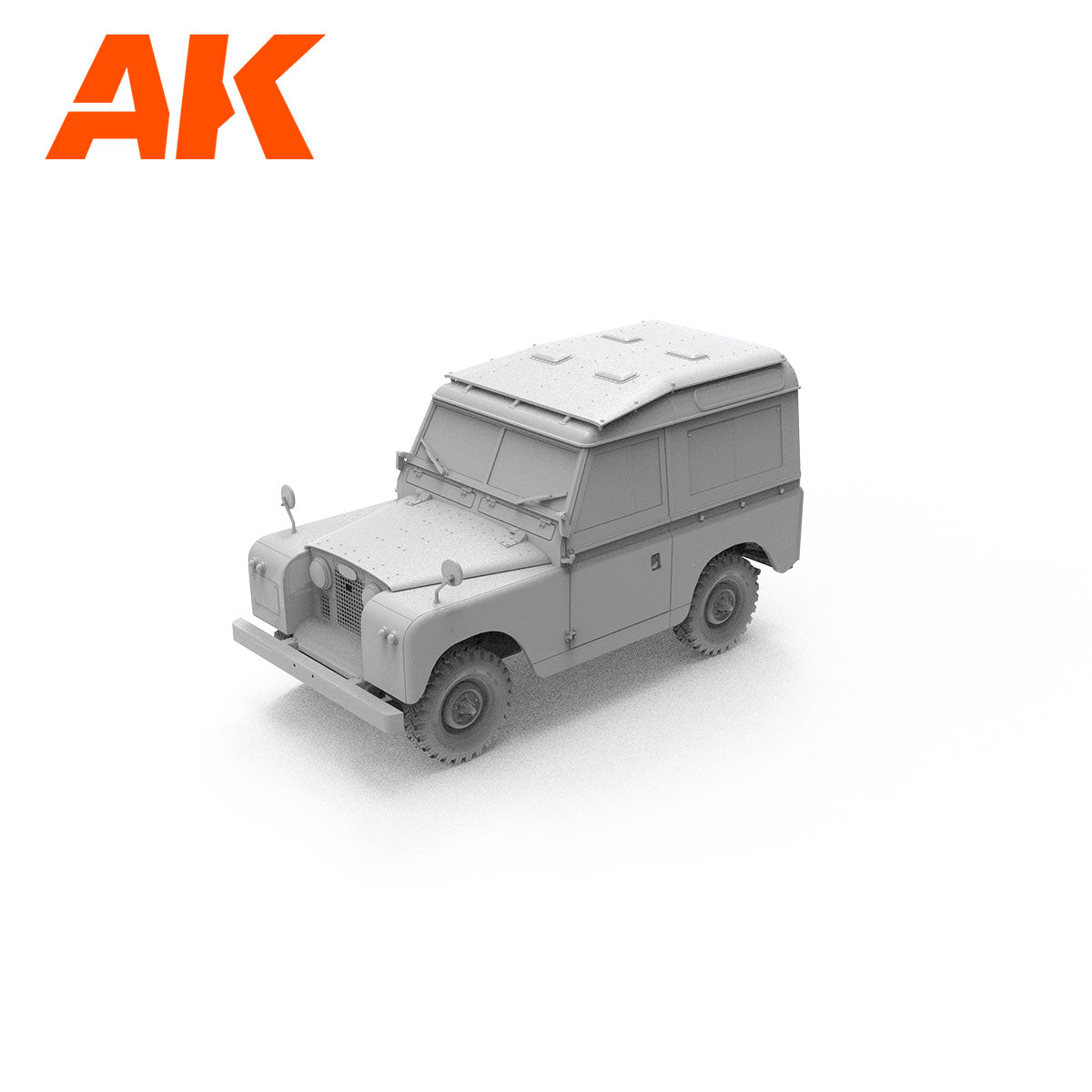 Unpainted gray classic Land Rover model kit -  3/4 front view on a white background