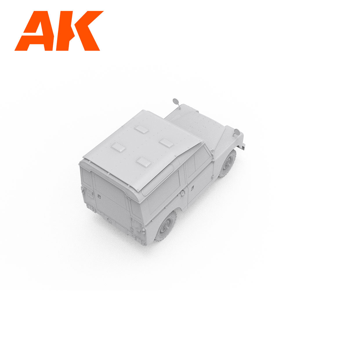 Unpainted gray model kit of a Land Rover-style utility vehicle -  viewed from above -  with an orange AK logo