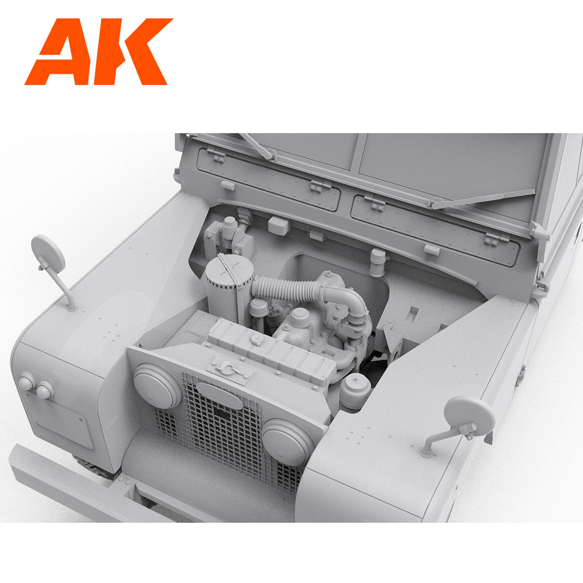 AK brand detailed gray model of a utility vehicle with its hood open -  exposing the engine compartment