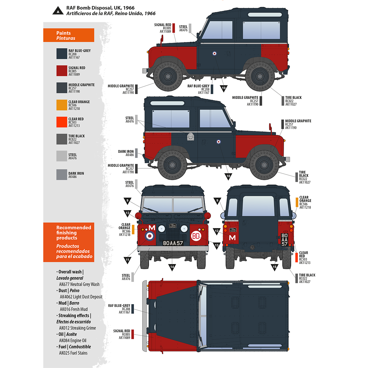 Paint scheme guide for a red and RAF blue-grey 1966 RAF Bomb Disposal Land Rover