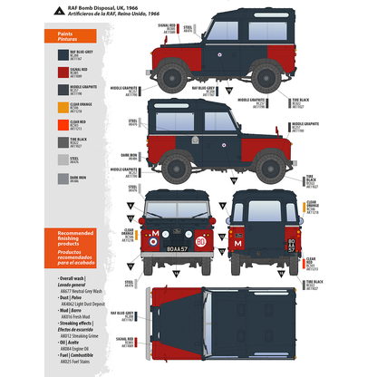 Paint scheme guide for a red and RAF blue-grey 1966 RAF Bomb Disposal Land Rover