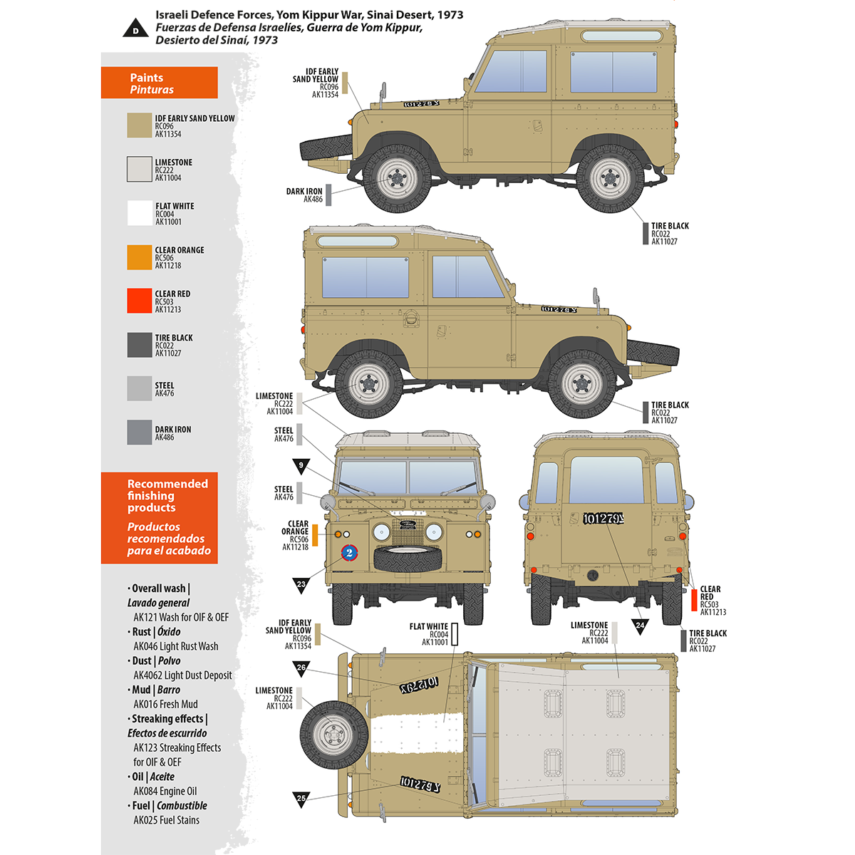 Tan vehicle shown from side -  front -  rear -  top with color labels
