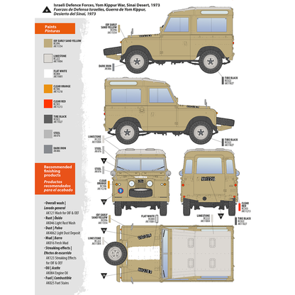 Tan vehicle shown from side -  front -  rear -  top with color labels