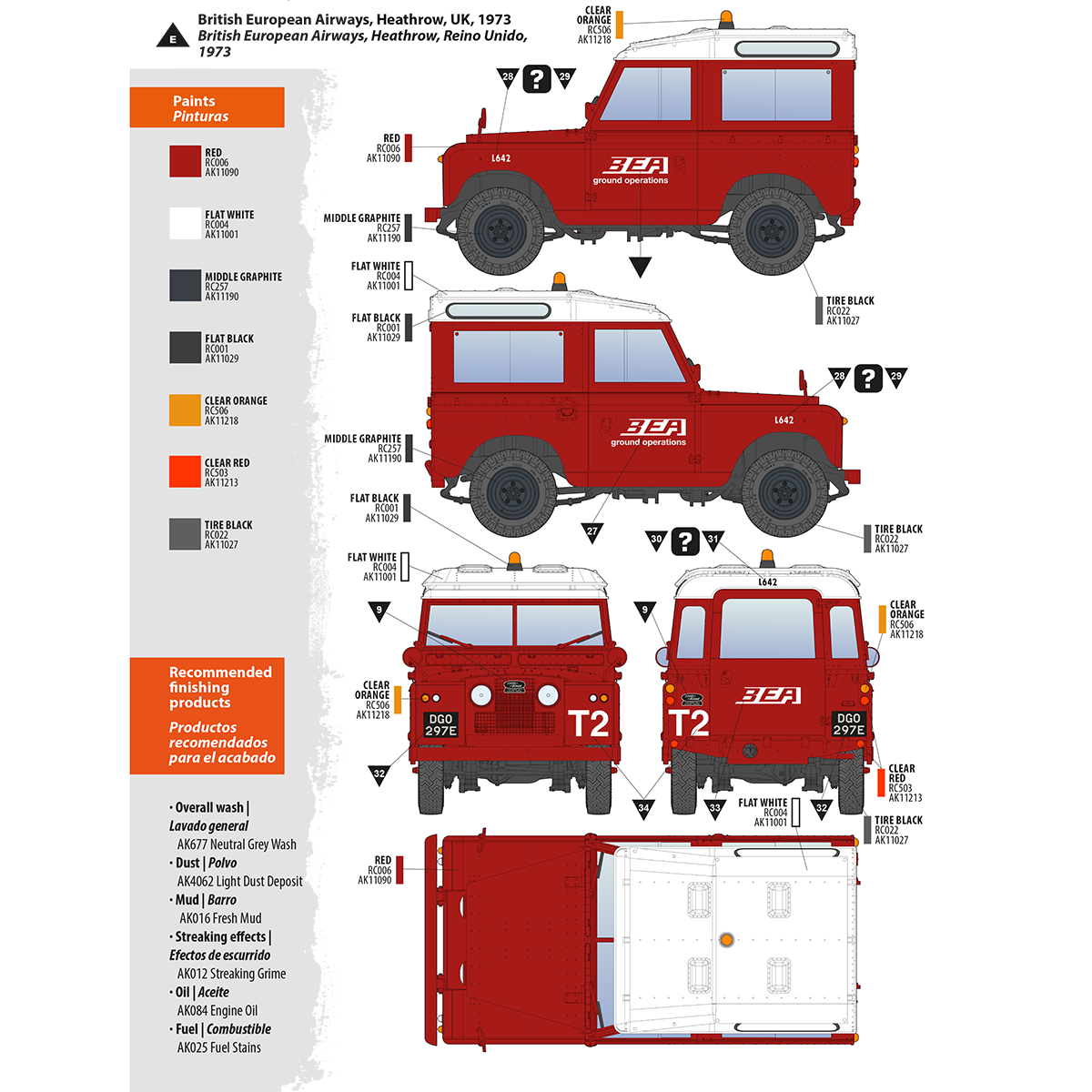 Technical diagram: 1973 red Land Rover 'BEA ground operations' vehicle with detailed paint scheme views