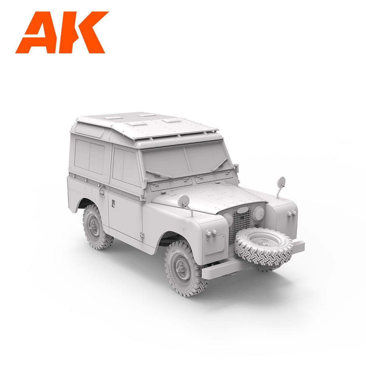 Grey model kit render of a classic Land Rover 4x4 -  showing a front-mounted spare tire