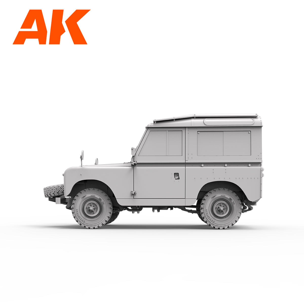 Grayscale render of a classic Land Rover -  side view -  with AK logo