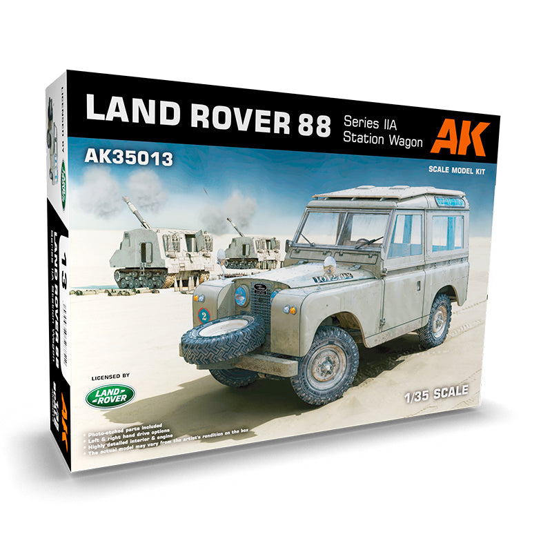 AK Land Rover 88 Series IIA Station Wagon model kit box showing beige vehicle in desert with military artillery