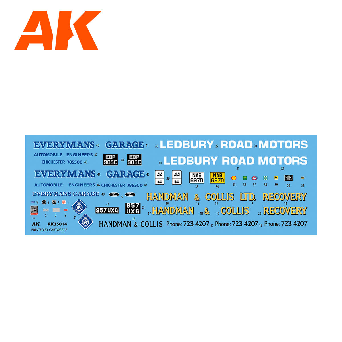 AK brand model decal sheet featuring white/yellow text -  logos -  and vehicle license plates for garages and recovery
