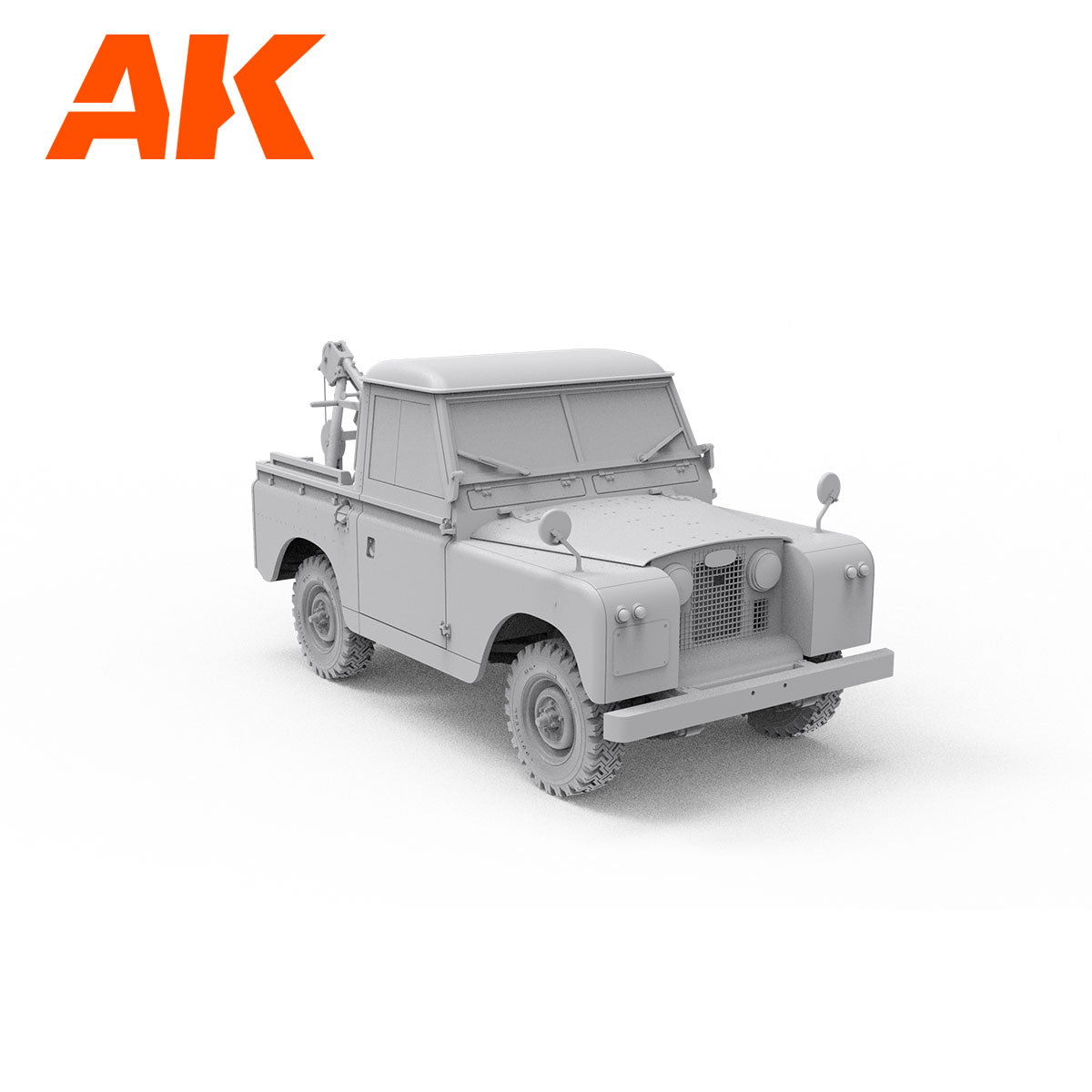 Unpainted scale model of a vintage Land Rover pickup with a rear crane -  on a white background