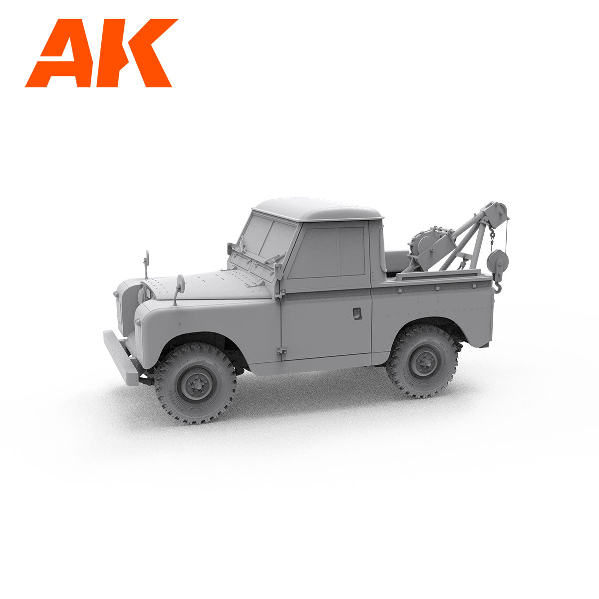 Grey model of a classic 4x4 pickup truck with a recovery crane in the bed