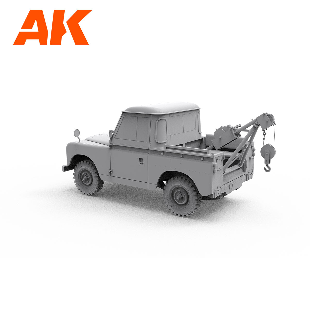 A gray model of a vintage tow truck pickup with a rear-mounted crane and hook -  viewed from the rear three-quarters