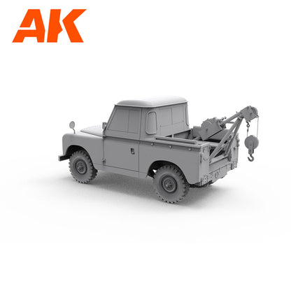 A gray model of a vintage tow truck pickup with a rear-mounted crane and hook -  viewed from the rear three-quarters
