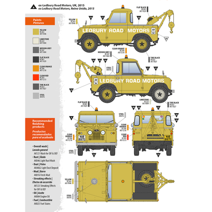 Yellow Land Rover Series II tow truck model instructions -  detailing multiple views -  paint colors -  and finishing products