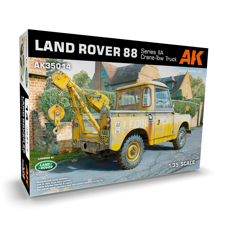 Yellow -  weathered Land Rover 88 Series IIA crane-tow truck model kit box