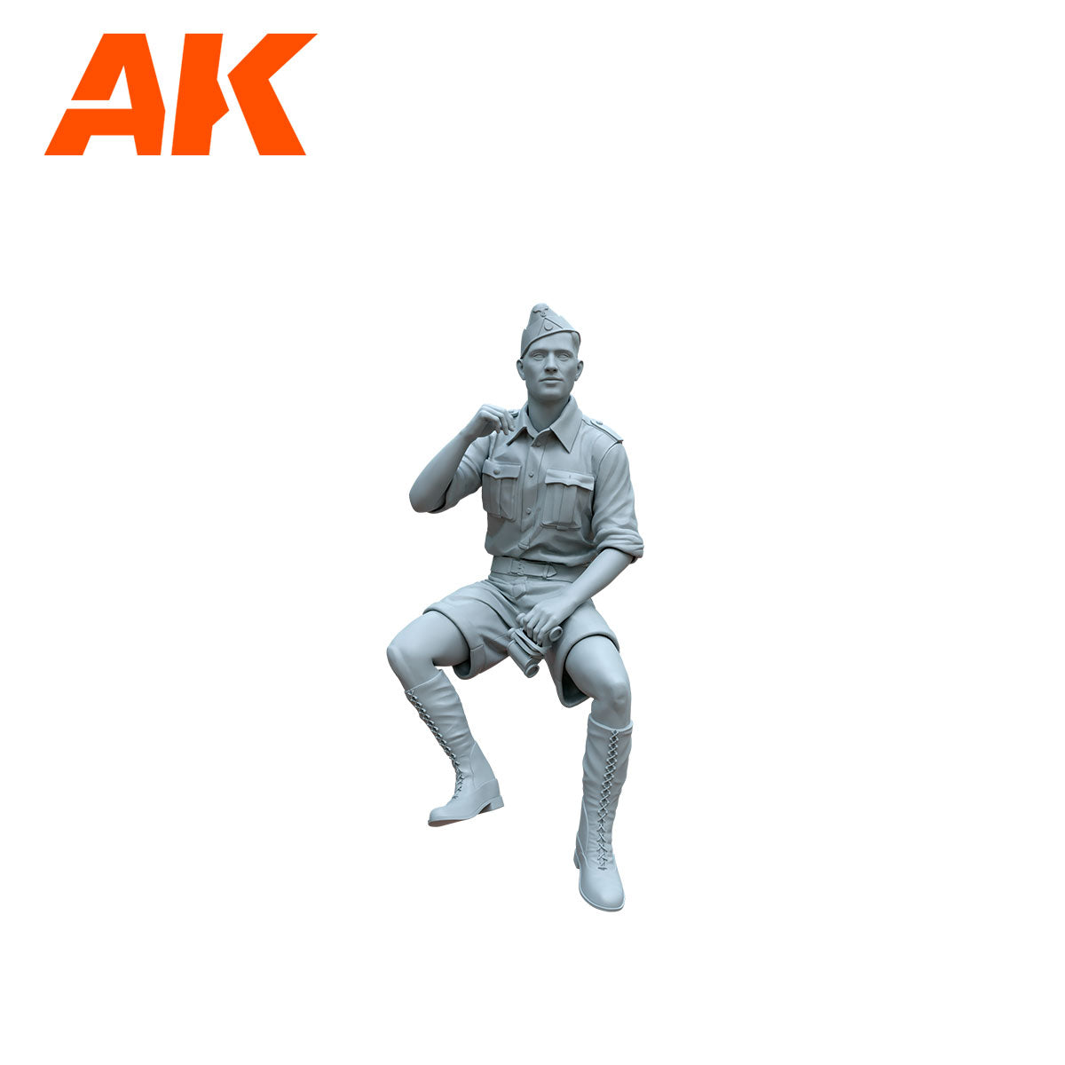 Grayscale model of a soldier in uniform sitting -  holding binoculars
