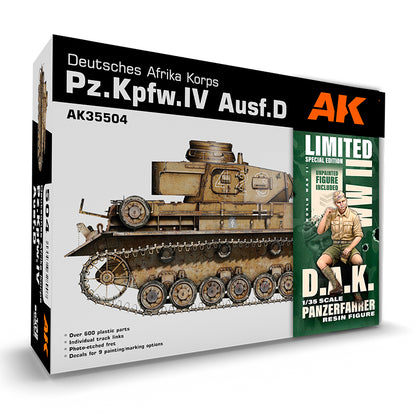 Model kit box for a desert Pz.Kpfw.IV Ausf.D tank -  featuring a crouching Afrika Korps figure